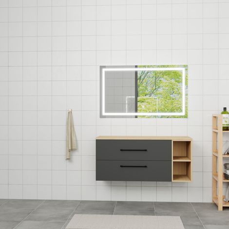 OCEAN Mobile da bagno sospeso con doppio cassetto 99cm + ripiano aperto, finitura rovere + nero, lavabo non incluso