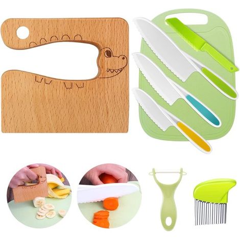 Juego de cuchillos Goodchef para niños: juego de 8 cuchillos de cocina para cortar y cocinar verduras o frutas, Incluye cuchillo de madera (1/5)
