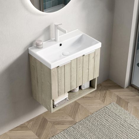 Mobile bagno sospeso 55x32x53 cm - mobile sottolavabo sospeso con lavabo in ceramica e ante scanalate - multistrato e ceramica - beige