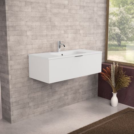 Inda - Badezimmerschrank B.100 mit mattem Waschbecken / Mattweiß 1 Schublade - Topazio (1/5)
