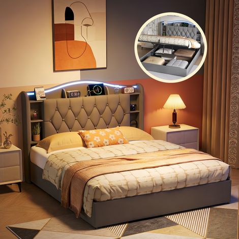Lit coffre 160x200 cm avec LED et fonction de charge USB Type-C, rangement de chevet, Lit rembourré avec sommier à lattes, velours