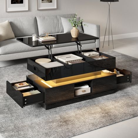 DESMIU Table basse rectangulaire avec 1 plateau relevable, LED, prise, 2 tiroirs, niches de rangement, pour salon, en MDF, noir, 90 × 48 × 42,5 cm (1/5)