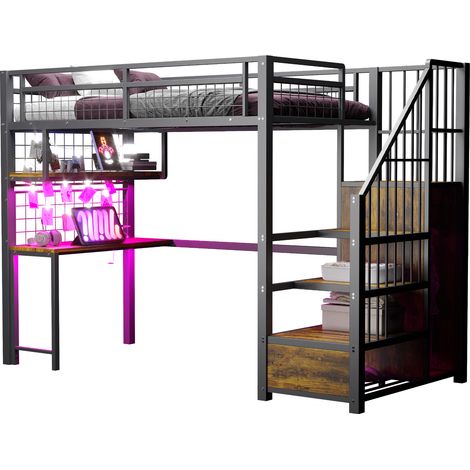 Letto a soppalco singolo con scala contenitore, scrivania, scaffali, presa e luce 90 x 200 cm, senza materasso (1/5)