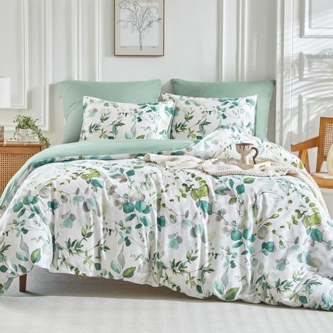Bettwäsche-Set Super King 260x220 cm mit botanischem Blattdruck, Mikrofaser, pflegeleicht