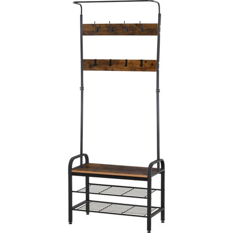 Porte-manteau, étagère à chaussures et portant à vêtements avec 8 crochets et 2 étagères, MDF, noir, 72 x 34 x 185 cm