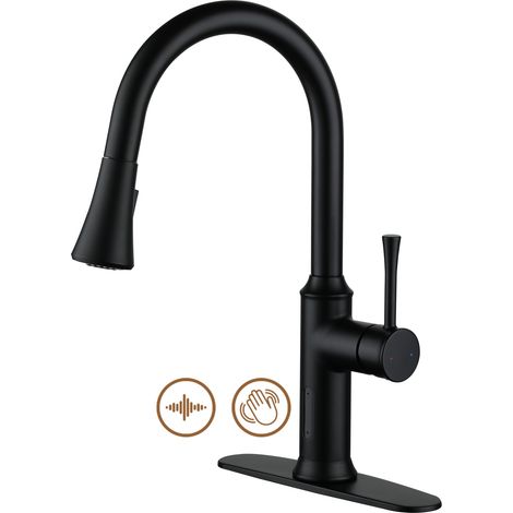 Robinet de cuisine à commande vocale intelligente avec douchette extractible et poignée unique, noir mat, montage sur plage, commande vocale (plaque de montage incluse). (1/4)