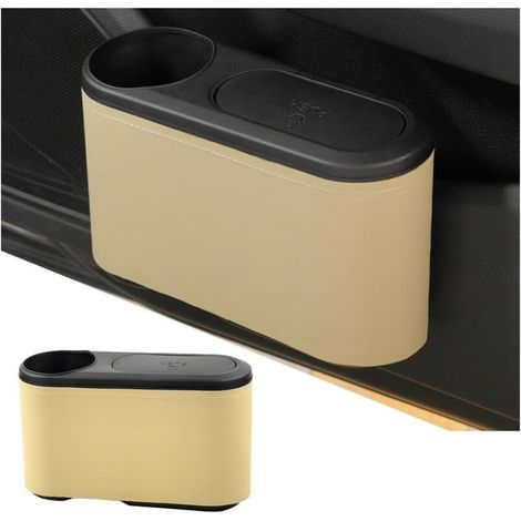 Poubelle De Voiture Avec Couvercle Général, Multifonctionnel Poubelle Automobile Étanche Avec Couvercle, Corbeille Automobile Étanche Suspendue, Pour L'organisation Du Rangement(Beige) (1/5)