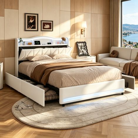 Lit coffre 140x200 cm – avec 4 tiroirs – éclairage LED intégré – ports USB et Type-C – velours beige –MDF —Matelas non compris (1/5)