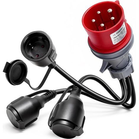 CEE 16A to 3 Schuko 230V Adapter with IP44 Rubber Cable for Camping, Caravan, and Construction Sites (1/5)