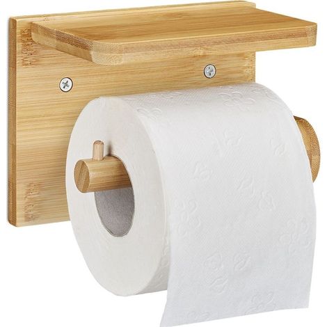 Porte-papier toilette en bambou Support pour téléphone et lingettes Dimensions H12xL16xP10,3 cm Montage mural inclus (1/5)