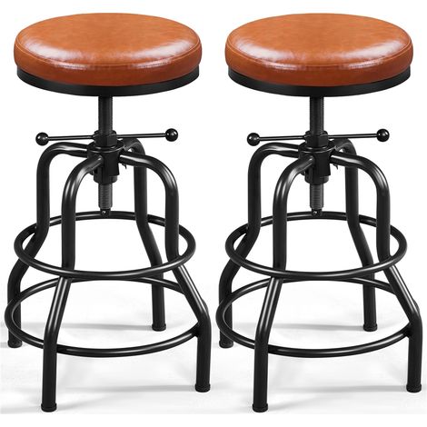 Yaheetech Lot de 2 Tabourets de Bar Industriel en Similicuir Tabouret Haut Rond Réglable en Hauteur avec Deux Repose-Pieds Tabouret de Comptoir pour Cuisine Restaurant Design Néo-rétro Marron Clair