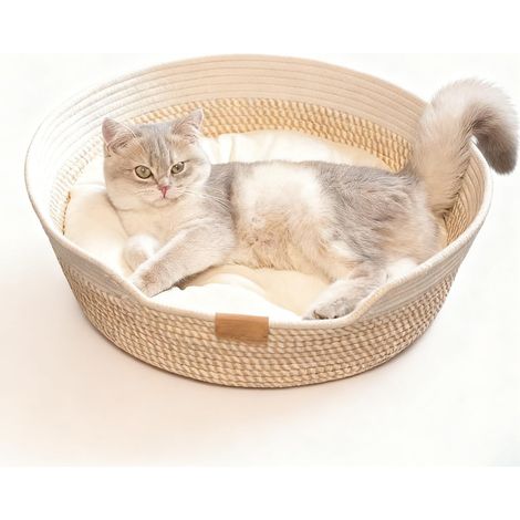 Niche en rotin pour chat avec coussin - Rond - Panier en rotin fait à la main - 50 x 50 x 21 cm - Marron et blanc (1/5)