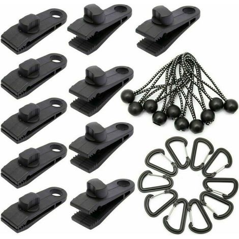 10 Pack Tarp Clips Outdoor Tarp Holder with Webbing Tie Down Bungee Cord + D-Shaped Carabiner for Tarps, Awnings, Camping, Caravan, Car Covers
