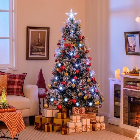 Costway – Sapin de Noël artificiel floqué 180 cm – 220 pointes de branches – 63 lumières LED – 8 modes d'éclairage – Grappes de baies rouges et pommes de pin naturelles (1/5)