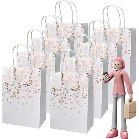 15 Kraftpapiertüten (Roségold), Geschenktüten mit Henkeln, wiederverwendbare Verpackungsbeutel für Weihnachten, Hochzeiten, Geburtstage und Partys (1/5)