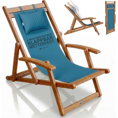 JUSKYS® Sonnenliege Tavira Petrol - Klappbar, 3-fach verstellbare Rückenlehne, mit abnehmbarem Kopfpolster, wetterfest, geöltes Akazienholz, 6 kg