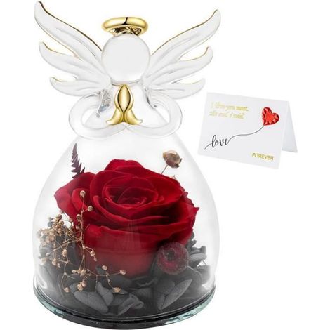Cadeau - Rose Eternelle - Dôme en Verre - Figurine d'ange - Vraie Rose - Objets Décoratifs