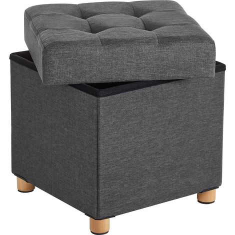Songmics – Repose-pieds coffre de rangement – Pieds en bois massif – Couvercle capitonné – Charge max. 300 kg – Dimensions 38 x 38 x 40 cm – Grise foncée
