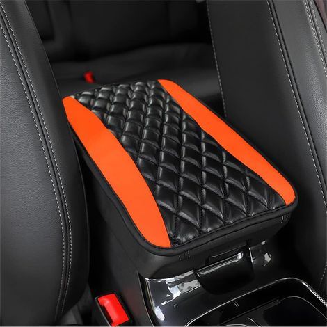 Coussin de console centrale de voiture, housse de protection universelle en cuir imperméable pour accoudoir et siège, accessoire de décoration confortable pour voiture (orange) (1/5)