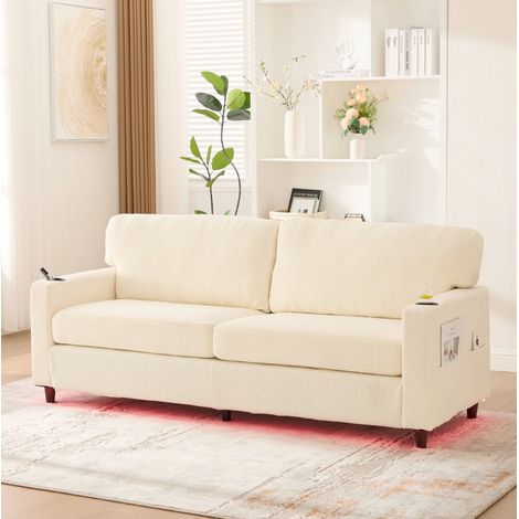 Sofá de 2 plazas 203/77,5/86 cm beige efecto terciopelo con USB-C, LED y portavasos (1/5)