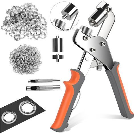 Set de Pince à Œillets Professionnelle Pince à Oeillet et Tête Interchangeable avec200 Œillets Inclus (100pcs Ø6mm & 100pcs Ø10mm), Ensemble de Perforateur pour Tissus et Bâches (1/5)