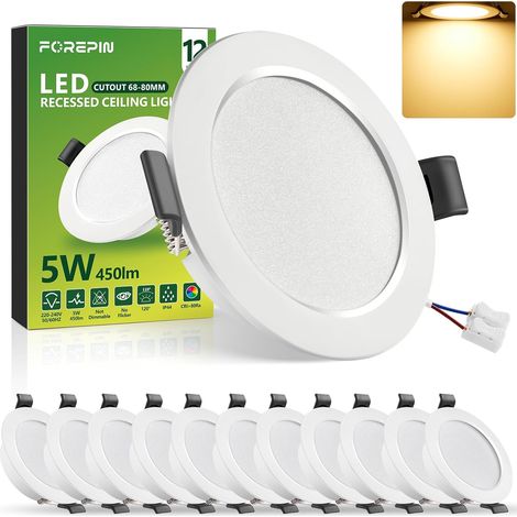 Spot LED Encastrable Extra Plat Blanc Froid 6000K, 5W IP44 Spots de Plafond Encastre Pour Salle de Bain, Cuisine, Salon - Trou Ø68-80mm, Lot de 6