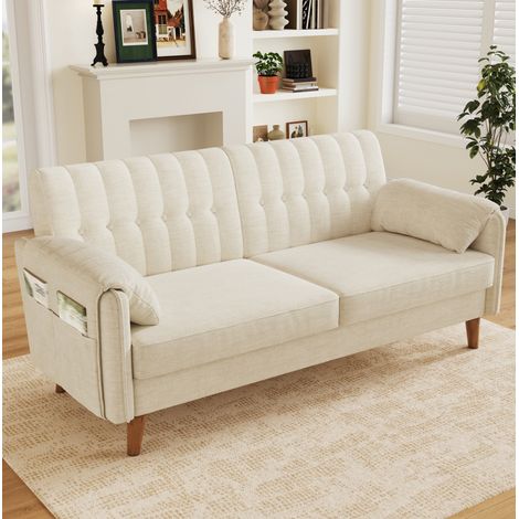 Canapé 2 places en tissu beige, compact et moderne, avec coussin d’assise épais, dossier capitonné, poches latérales et pieds en bois clair – CHICFURN (1/5)