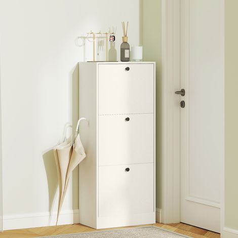 Scarpiera con 3 ante a battente, ripiani regolabili e design compatto, 47x28x115 cm, bianca con finitura effetto legno.