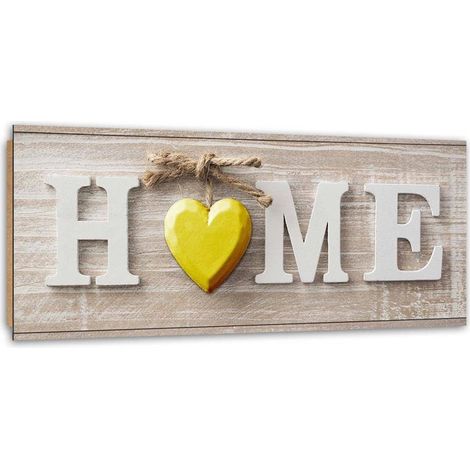 Quadro deco panel, Iscrizione domestica con cuore giallo su legno chiaro - 120x40 (1/5)