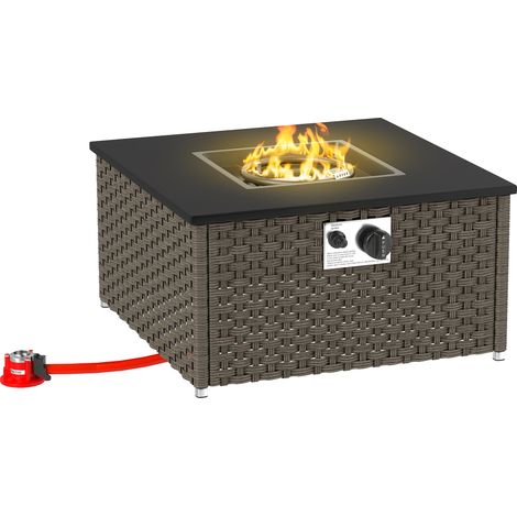 Outsunny Rattan Gas Fire Pit Table for Garden, 13 KW Smokeless Propane Fire Pit with Lid, Square Garden Coffee Table with Patio Heater for Outdoor, Patio, 58 x 58 x 33 cm, Grey