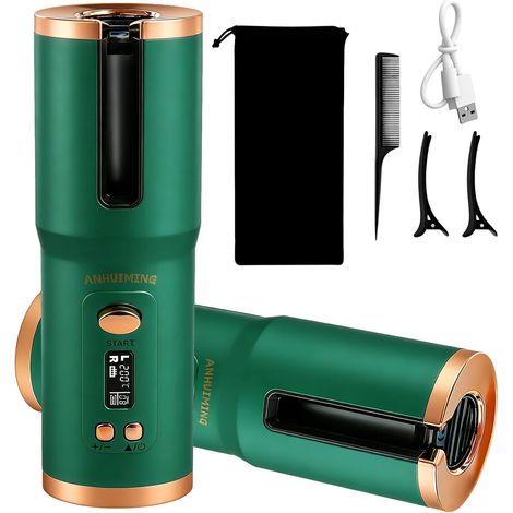 Fer à friser rotatif automatique sans fil longue durée pour cheveux courts/longs avec grande batterie de 5200 mAh, charge de type C, 6 températures (150-200 °C) (vert) (1/5)