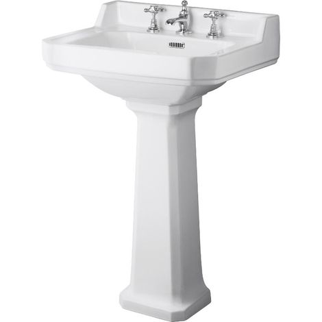 Hudson Reed – Lavabo rétro sur colonne 3 trous 56cm – Céramique blanche – Design vintage – Pour salle de bain moderne (1/5)