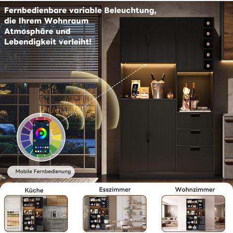 Meuble de cuisine moderne, placard de rangement avec cave à vin intégrée, armoire haute à étagères ajustables, 3 tiroirs, porte-bouteilles, éclairage LED multicolore et prises électriques, dimensions (1/5)
