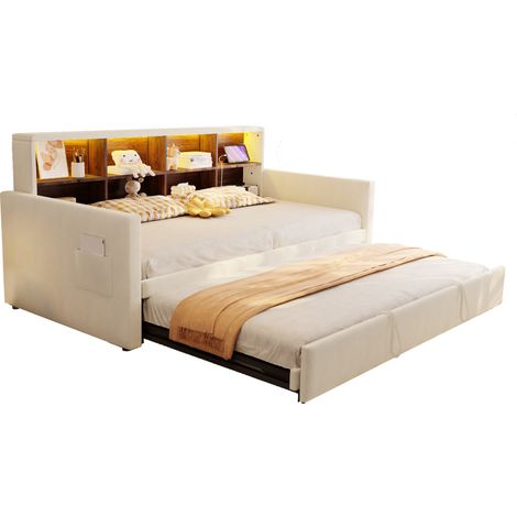 CHICFURN Canapé-lit convertible 90 x 190 cm en velours beige, avec tête de lit à rangements, LED, prises USB et Type-C, lit d'appoint extensible 180 cm (1/5)