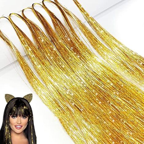 Mèches cheveux pailletées, 1200 brins holographiques scintillants, mèches colorées droites féériques brillantes, cheveux synthétiques longs 120 cm, décoration fête femmes filles, Or (1/5)