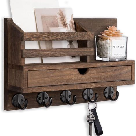Porte-clés et porte-courrier mural, porte-clés avec grand compartiment de rangement et 5 crochets pour manteaux, laisses pour chiens, support décoratif, accessoires pour la maison (1/5)
