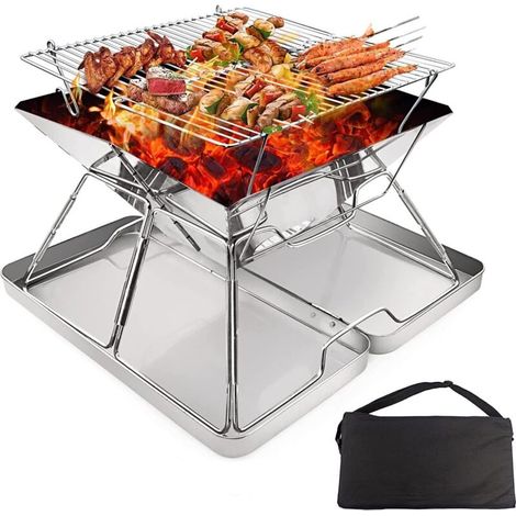 Foyer barbecue pliable inox + grille Bois/charbon Camping, piquenique Avec boîte fer et sac
