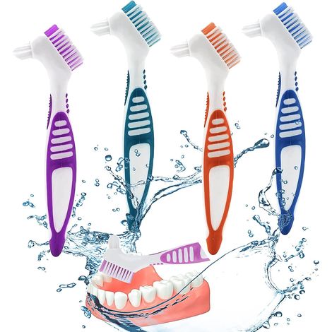 Brosse à Dents Dentier 4 Pièces Pour Appareil Dentaire, Têtes à Double Angle, Prothèse Souple Pour Soins Dentaires (Bleu, Violet, Vert, Orange) (1/5)