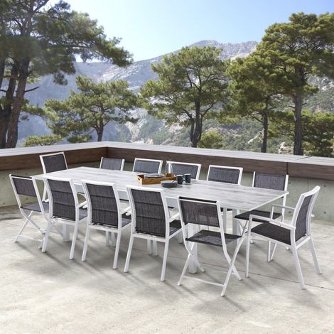 Salon de jardin Ensemble ModuloWood T 8/12 + F 8 + C 4 Verre Déco Bois Blanc Wilsa Garden (1/5)