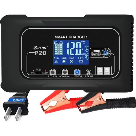Chargeur de Batterie au Lithium 20A 12V et 24V, Chargeur de Batterie au Plomb (AGM/Gel/SLA...), Mainteneur et Désulfateur de Batterie pour Voiture,Bateau,Moto,Tondeuse,etc (1/5)
