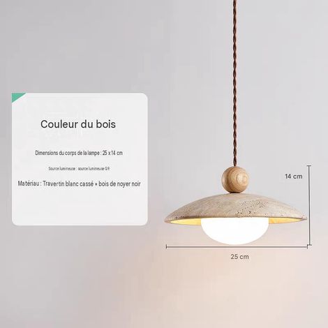 Suspension P bois naturel, pierre travertin noyer, douille G9 220V, LED chaud