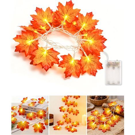 Guirlande lumineuse d'automne, 3 m, 20 LED, motif feuilles d'érable, à piles, décoration automnale pour Halloween, Thanksgiving et Noël, à poser sur la cheminée ou le mur. (1/5)