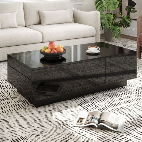 Table basse 100x50x31 cm avec 2 tiroirs et compartiment de rangements, noir laqué (1/5)