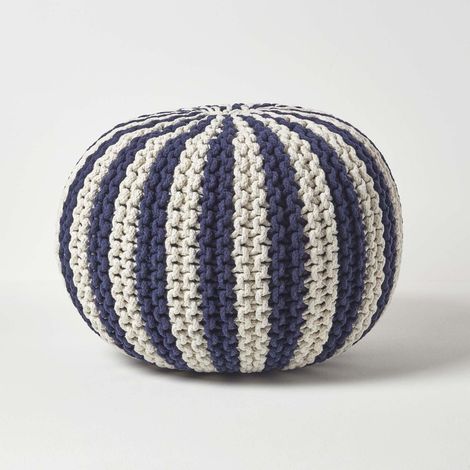 HOMESCAPES Navy and White Knitted Pouffe Striped Footstool 40 x 50 cm