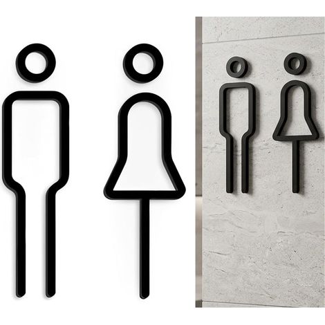 Plaque de porte de toilette, noire, moderne, autoadhésive, élégante, en acrylique, avec symbole homme et femme, pour salle de bain d'invités, pour homme et femme (1/5)