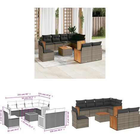 9-tlg. Garten-Sofagarnitur mit Kissen Grau Poly Rattan - Gartenmöbel - Esstisch - Lounge Set - Outdoor Möbel - Rattan Gartenmöbel - Home & Living (1/3)