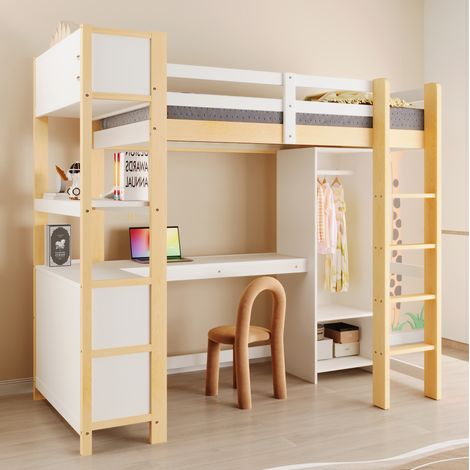 Cama alta 90x200 cm con escritorio, estantes y armario, pino y MDF, natural (1/5)