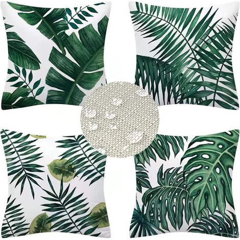 Lot de 4 Housses de Coussin d'extérieur - 45 x 45 cm - Décoratives - Résistant aux intempéries - Plantes Tropicales d'été - Imperméables - pour Chambre à Coucher, canapé, Jardin (1/5)