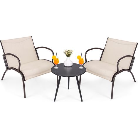 Costway – Ensemble table et chaise de jardin 3 pièces – 2 fauteuils ergonomiques en métal et tissu respirant – Table basse ronde élégante – Capacité 180 kg par chaise (1/5)