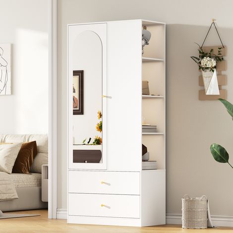 Armadio con specchio 1 anta, 2 cassetti e 4 ripiani, 80 x 40 x 180 cm, bianco DESVIAE (1/5)